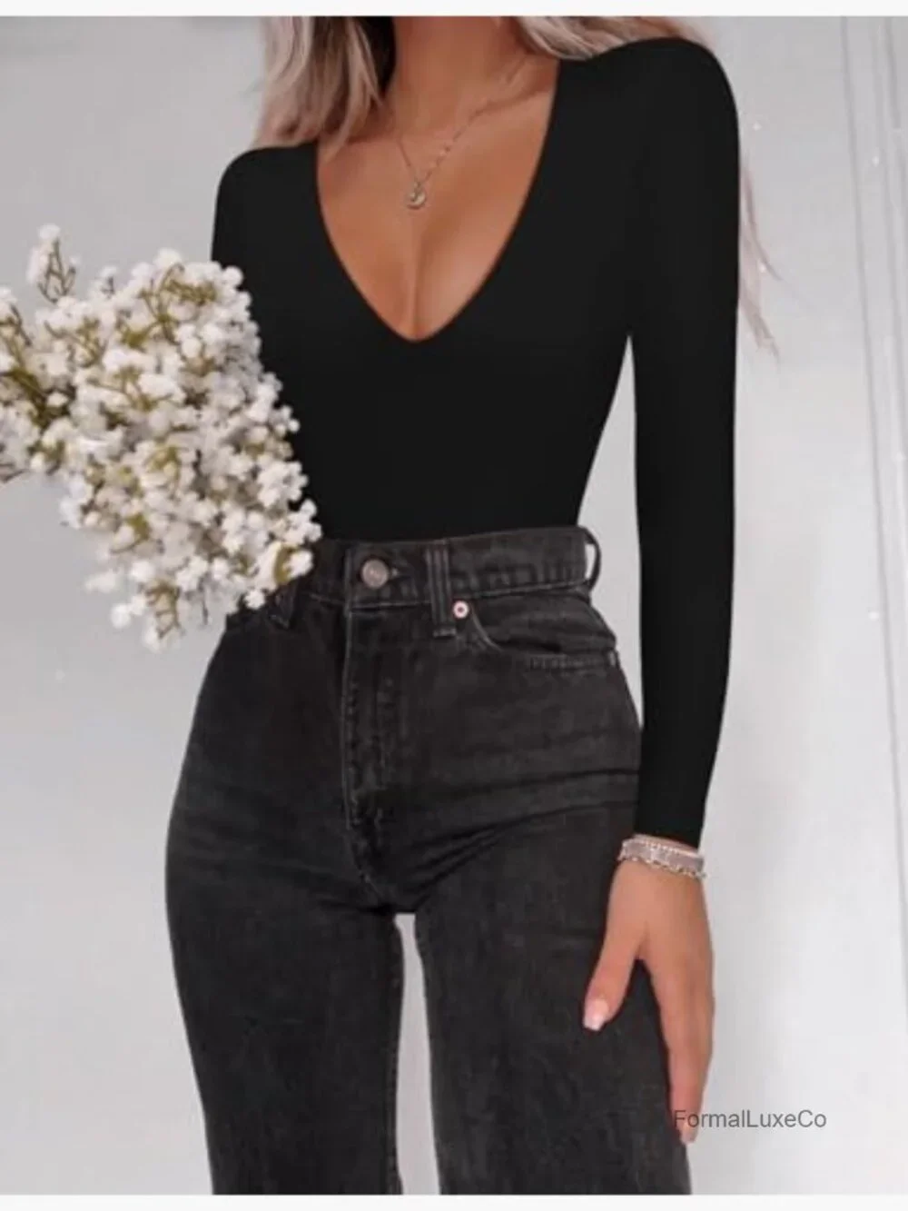 Women's Plunge Deep V Neck Long Sleeve Bodysuit Double Lined Thong Bodysuit Top